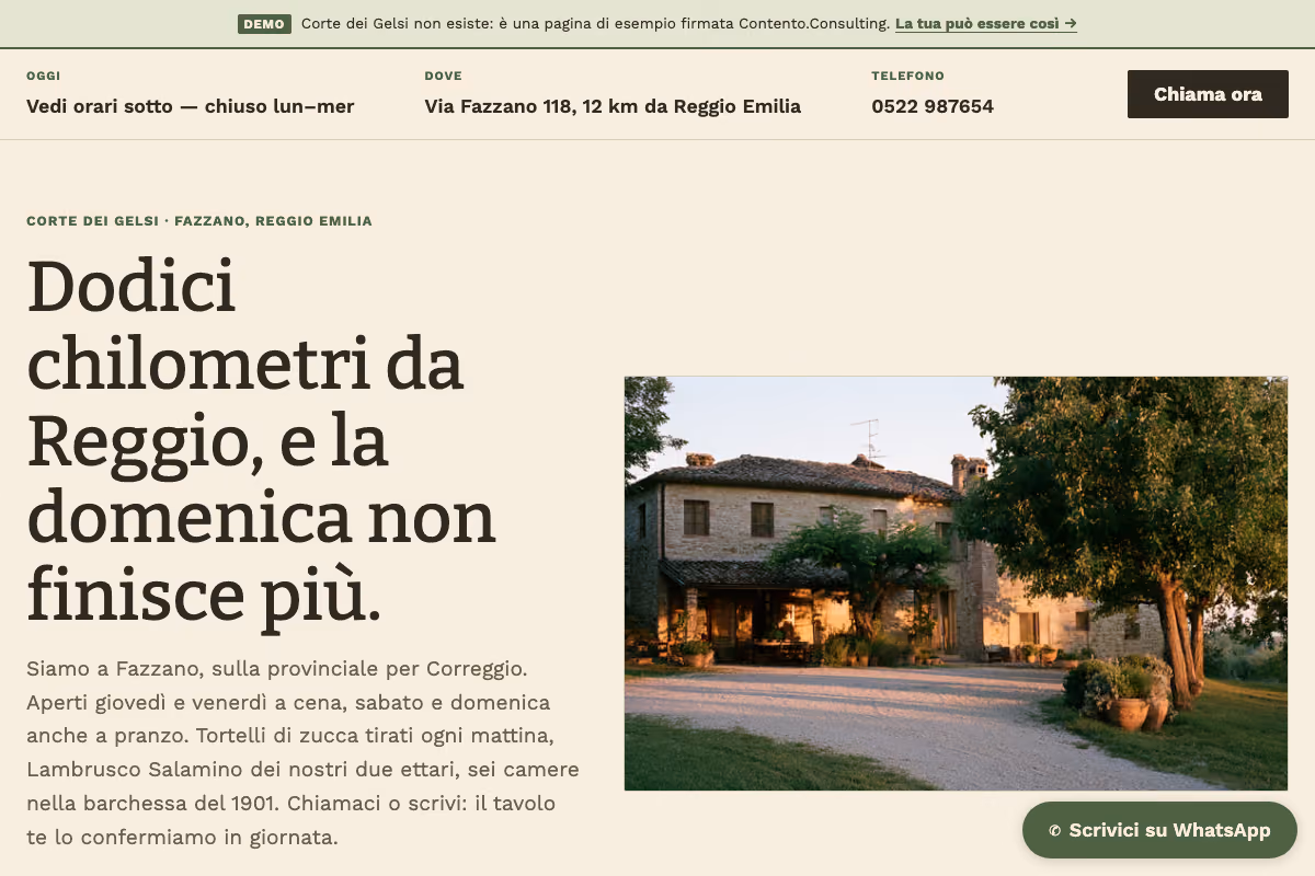 Anteprima della landing page Corte dei Gelsi, con la corte di campagna al tramonto
