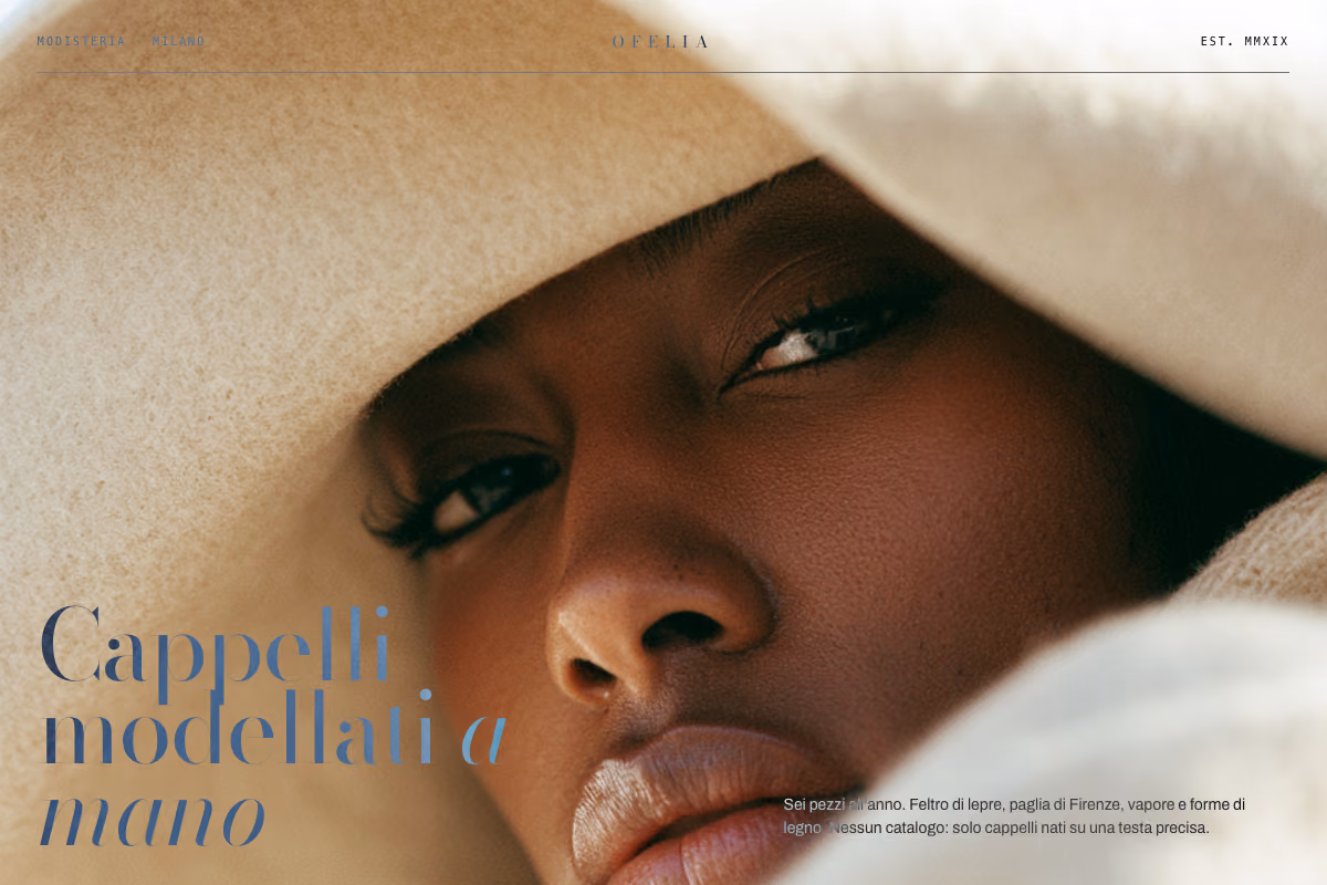 Anteprima della landing page Ofelia Cappelli, con un cappello in paglia in primo piano